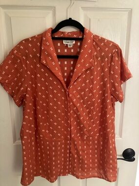 Coldwater Creek Coral Button-Front Top with White Micro Motif